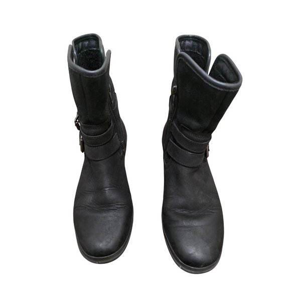 UGG Women's Black Leather & Suede Mid-Calf Boots Size 7 Side Zippers & Buckle Ac - Picture 1 of 13
